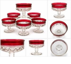 6 Vintage Tiffin Kings Crown Ruby Red Thumbprint Sherbet Dessert Glasses 3 1/8”